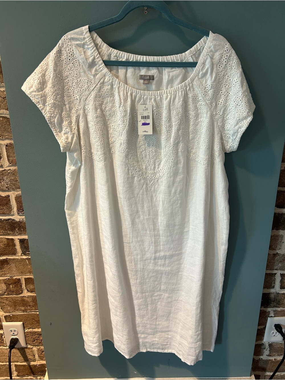 J. Jill White Eyelet Linen-Blend Tunic Dress Embroidered Short Sleeve XL - Picture 2 of 13